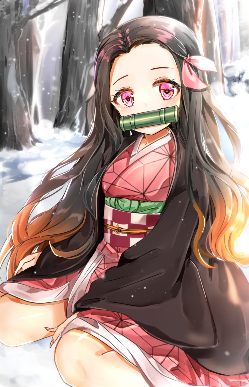 1girl bamboo bangs bit_gag black_hair blush brown_hair checkered commentary_request forehead gag gradient_hair hair_ribbon highres japanese_clothes kamado_nezuko katsushika_pachi kimetsu_no_yaiba kimono long_hair long_sleeves looking_at_viewer mouth_hold multicolored_hair obi open_clothes parted_bangs pink_eyes pink_kimono pink_ribbon ribbon sash sitting snow snowing solo tree very_long_hair wariza wide_sleeves