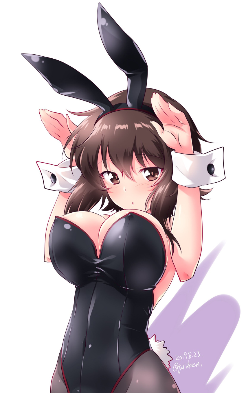 1girl absurdres animal_ears arms_up bangs black_legwear black_leotard blush breasts brown_eyes brown_hair bunny_pose bunny_tail bunnysuit commentary covered_navel dated eyebrows_visible_through_hair fake_animal_ears fake_tail girls_und_panzer highres kuzuryuu_kennosuke large_breasts leotard looking_at_viewer nishizumi_maho pantyhose parted_lips rabbit_ears short_hair simple_background solo strapless strapless_leotard tail twitter_username white_background wrist_cuffs