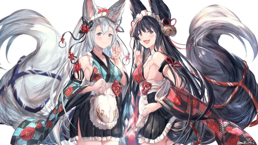 2girls :d apron bell black_hair blue_eyes breasts detached_sleeves floral_print fox_tail granblue_fantasy hair_bell hair_ornament hand_gesture hand_on_hip jingle_bell long_hair maid_headdress medium_breasts milli_little multiple_girls open_mouth silver_hair smile socie_(granblue_fantasy) tail twitter_username very_long_hair violet_eyes white_apron wide_sleeves yuel_(granblue_fantasy)