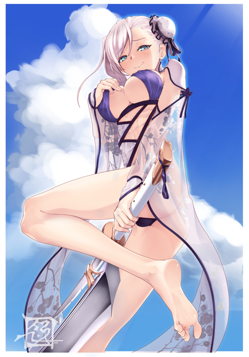 1girl aqua_eyes asymmetrical_hair bangs bare_legs barefoot bun_cover clouds fate/grand_order fate_(series) feet gunblade hair_bun highres miyamoto_musashi_(fate/grand_order) miyamoto_musashi_(swimsuit_berserker)_(fate) see-through single_sidelock smile soles suryua swept_bangs toes two-tone_swimsuit weapon white_hair