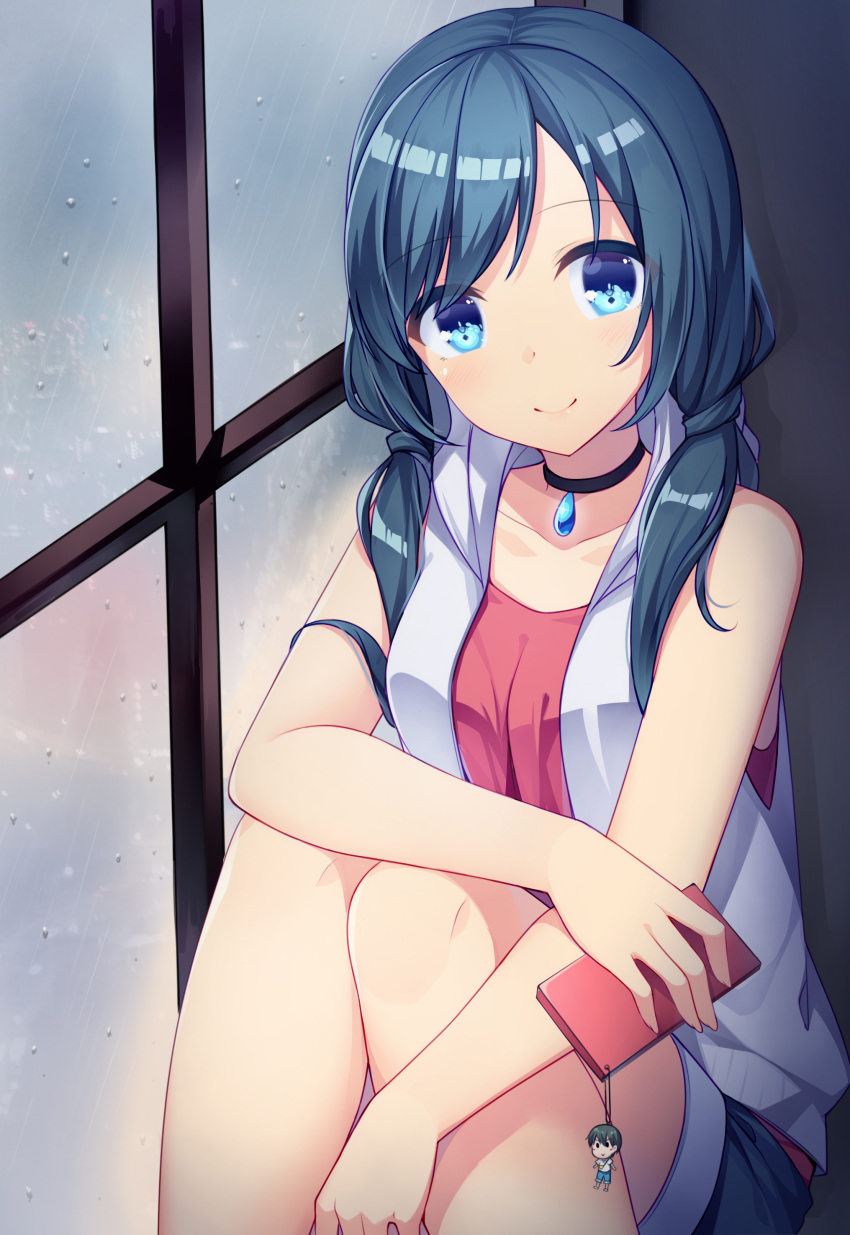 1girl absurdres amano_hina_(tenki_no_ko) amemiya_ruki bangs black_choker blue_eyes blue_hair blue_shorts blush breasts cellphone cellphone_charm choker closed_mouth collarbone commentary_request eyebrows_visible_through_hair highres holding holding_cellphone holding_phone hood hood_down hooded_jacket indoors jacket knees_up long_hair looking_at_viewer low_twintails open_clothes open_jacket phone rain red_shirt shirt short_shorts shorts sitting sleeveless sleeveless_jacket sleeveless_shirt small_breasts smile solo tenki_no_ko twintails white_jacket window
