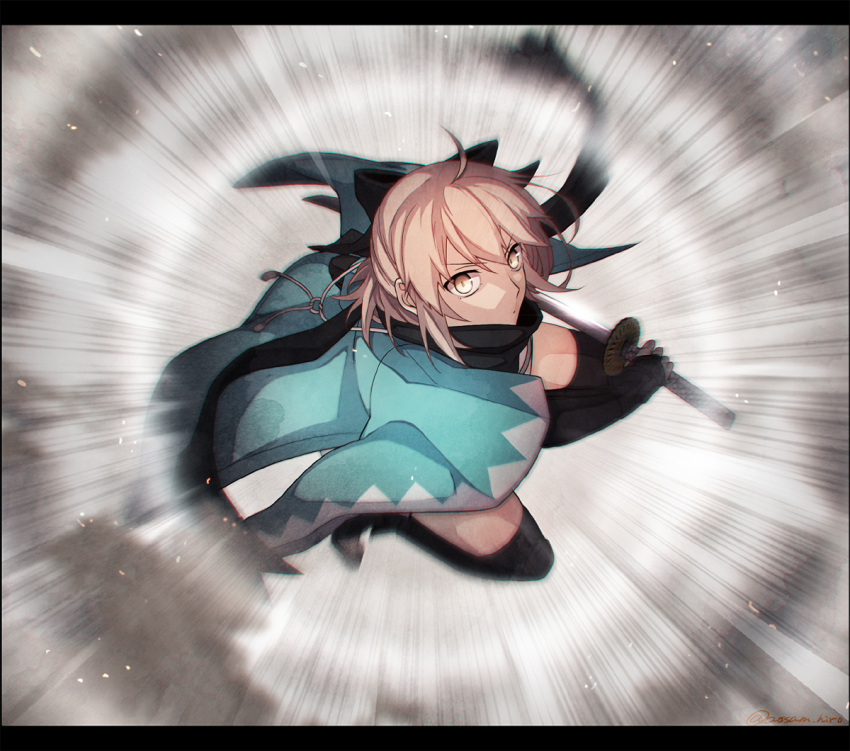 1girl arm_guards black_bow black_scarf blonde_hair bow emphasis_lines fate_(series) haori japanese_clothes katana kimono koha-ace motion_blur motion_lines nakamura_hiro_(nobody10ch) okita_souji_(fate) okita_souji_(fate)_(all) scarf shinsengumi short_kimono solo speed_lines sword toeless_legwear weapon white_kimono yellow_eyes