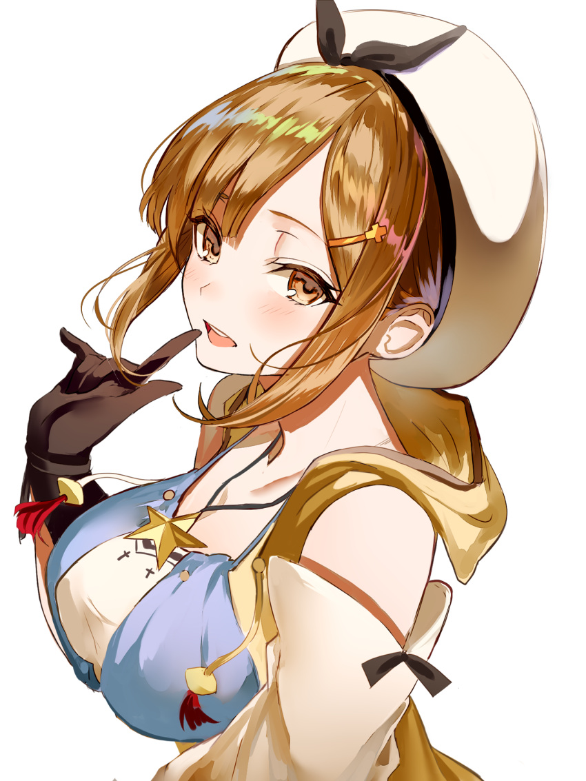 1girl atelier_(series) atelier_ryza bangs blush breasts brown_eyes brown_hair collarbone detached_sleeves eyebrows_visible_through_hair eyes_visible_through_hair from_side ggatip gloves hair_between_eyes hair_ornament hairclip hand_up hat highres index_finger_raised jacket jewelry large_breasts long_sleeves looking_at_viewer necklace open_mouth reisalin_stout shirt short_hair sidelocks simple_background smile solo star teeth upper_body white_background white_headwear