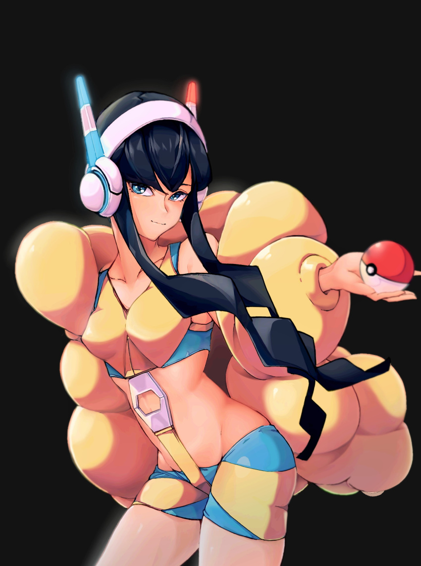 1girl 2049_(hh5566) absurdres bangs black_background black_hair blunt_bangs blush breasts closed_mouth coat collarbone commentary_request cowboy_shot elesa_(pokemon) eyelashes green_eyes hand_up headphones highres holding holding_poke_ball korean_commentary long_sleeves looking_at_viewer midriff open_clothes open_coat poke_ball poke_ball_(basic) pokemon pokemon_(game) pokemon_bw2 short_hair_with_long_locks sidelocks simple_background smile solo yellow_coat