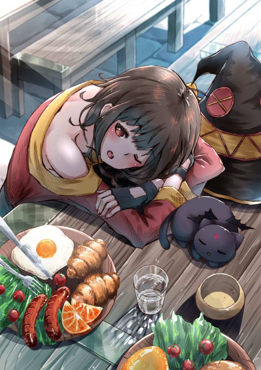 1girl absurdres bare_shoulders black_hair blush brown_hair cat chair chomusuke commentary_request dress egg eyebrows_visible_through_hair food fork glass haggy hat highres knife kono_subarashii_sekai_ni_shukufuku_wo! medium_hair megumin one_eye_closed red_dress red_eyes sitting solo table water witch_hat