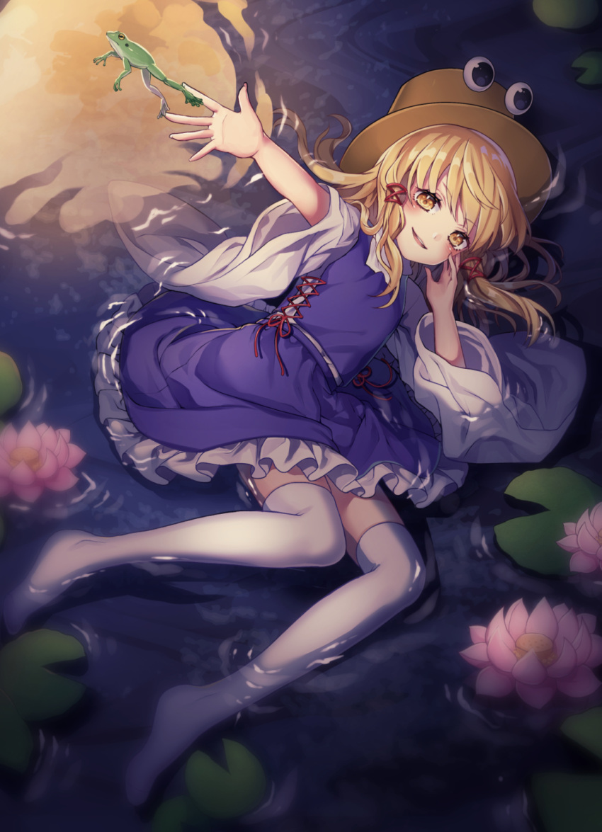1girl arm_up bangs blonde_hair blush brown_headwear commentary_request eyebrows_visible_through_hair flower frog from_above full_body full_moon hair_ribbon hand_up highres kyouda_suzuka lily_pad long_sleeves looking_at_viewer lying miniskirt moon moriya_suwako no_shoes on_side open_mouth partially_submerged petticoat pink_flower purple_skirt purple_vest red_ribbon reflection ribbon shirt short_hair sidelocks skirt skirt_set smile solo thigh-highs touhou vest water white_legwear white_shirt wide_sleeves yellow_eyes zettai_ryouiki