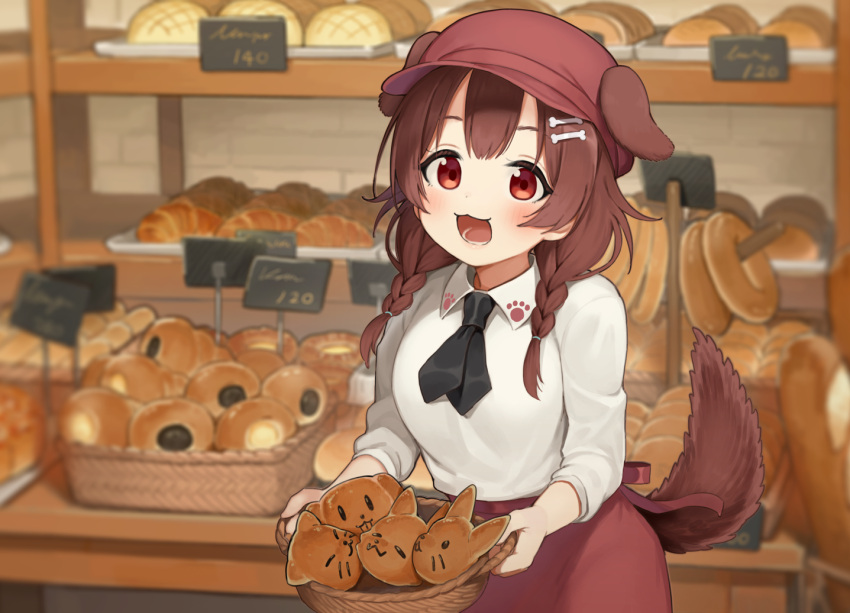 1girl :3 :d animal_ears bakery bangs basket black_neckwear blurry blurry_background blush bone_hair_ornament braid bread brick_wall brown_eyes brown_hair brown_headwear brown_skirt cabbie_hat collared_shirt commentary_request depth_of_field dog_ears dog_girl dog_tail eyebrows_behind_hair food hair_over_shoulder hat holding holding_basket hololive indoors inugami_korone long_hair long_sleeves looking_at_viewer low_twintails neckerchief open_mouth seramikku shirt shop sign skirt smile solo tail twin_braids twintails virtual_youtuber white_shirt