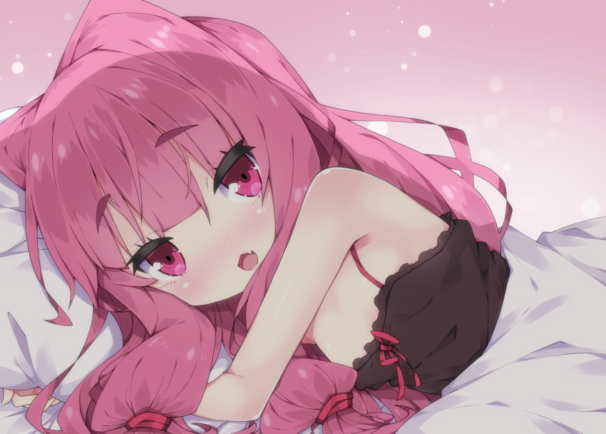 1girl :d bangs bare_arms bare_shoulders bed_sheet blush brown_dress commentary_request dress eyebrows_visible_through_hair fang hair_between_eyes hair_ribbon kotonoha_akane long_hair looking_at_viewer lying milkpanda on_side open_mouth pillow pillow_hug pink_hair red_ribbon ribbon sleeveless sleeveless_dress smile solo under_covers violet_eyes voiceroid