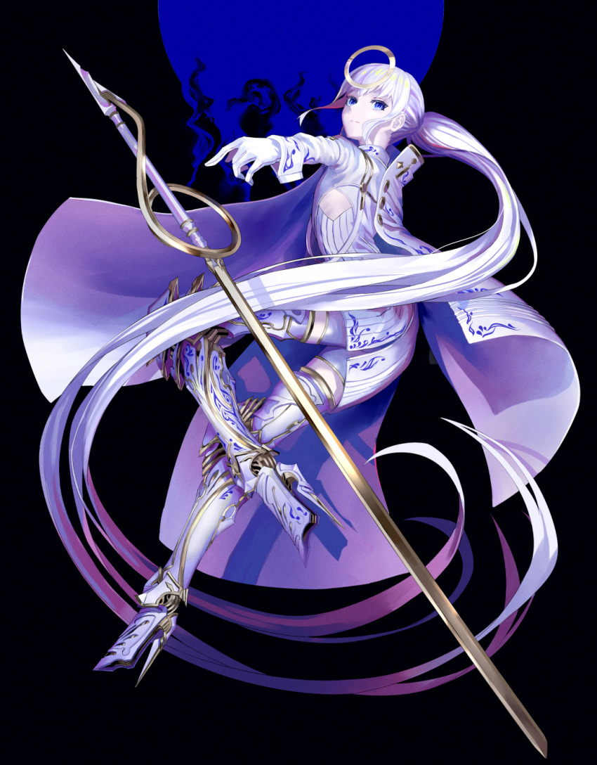 1girl blue_eyes commentary_request full_body gloves gold_trim highres long_hair looking_at_viewer original pale_skin ponytail prosthesis prosthetic_leg shorts solo sword treble_clef tsuki-shigure very_long_hair weapon white_gloves white_hair