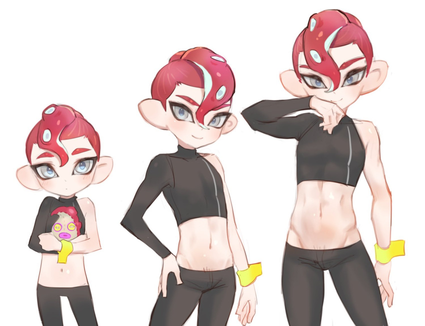 3boys age_progression blue_eyes blush eyebrows hair_between_eyes jtveemo makeup mascara midriff multiple_boys navel octoling redhead simple_background splatoon_(series) splatoon_2 splatoon_2:_octo_expansion tentacle_hair white_background