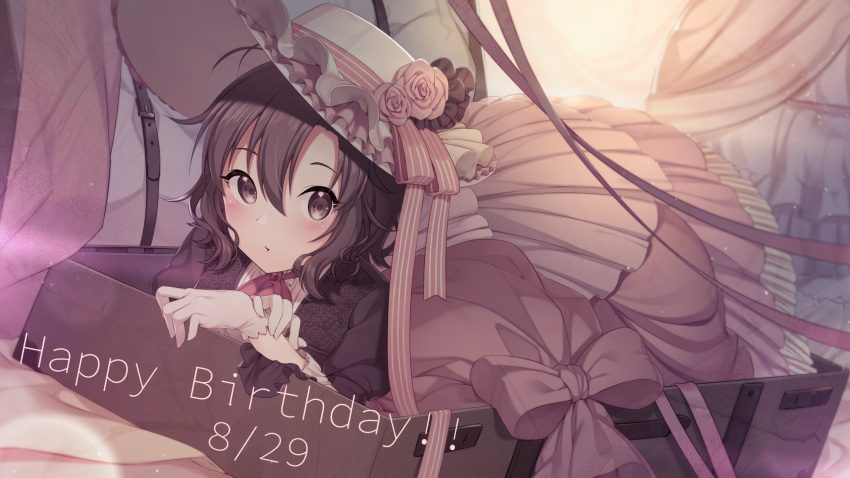 1girl bangs belt belt_buckle blurry blurry_background blush bow brown_belt brown_eyes brown_hair brown_shirt buckle closed_mouth commentary_request curtains dated depth_of_field eyebrows_visible_through_hair flower gloves hair_between_eyes happy_birthday hat hat_flower highres idolmaster idolmaster_(classic) juliet_sleeves kikuchi_makoto long_sleeves looking_at_viewer pink_bow pink_flower pink_ribbon pink_rose pink_skirt pleated_skirt puffy_sleeves revision ribbon rose shirt skirt solo suitcase thiana0225 white_gloves white_headwear