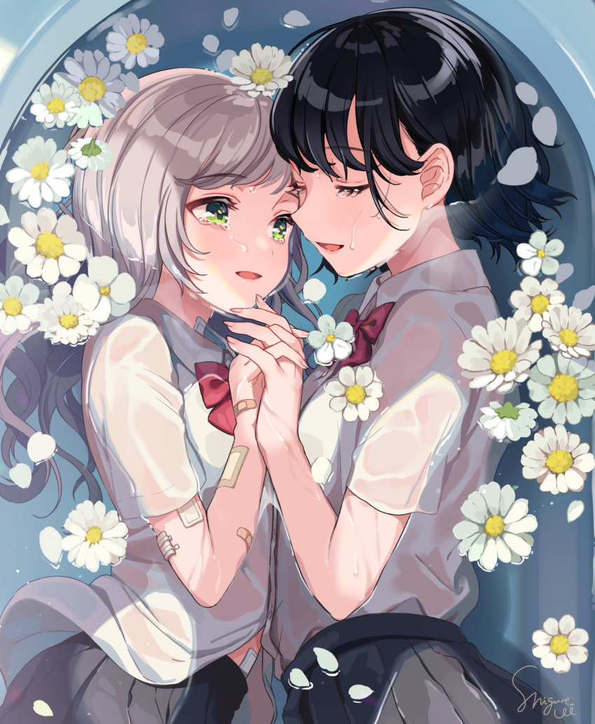 2girls bandaid bangs black_hair black_skirt blush bow bowtie closed_eyes crying crying_with_eyes_open eyebrows_visible_through_hair flower from_above green_eyes highres holding_hands interlocked_fingers looking_at_viewer multiple_girls open_mouth original partially_submerged petals purple_bow purple_neckwear school_uniform see-through shigure_ui shirt short_hair silver_hair skirt tears upper_body water wet wet_clothes wet_shirt white_flower white_shirt