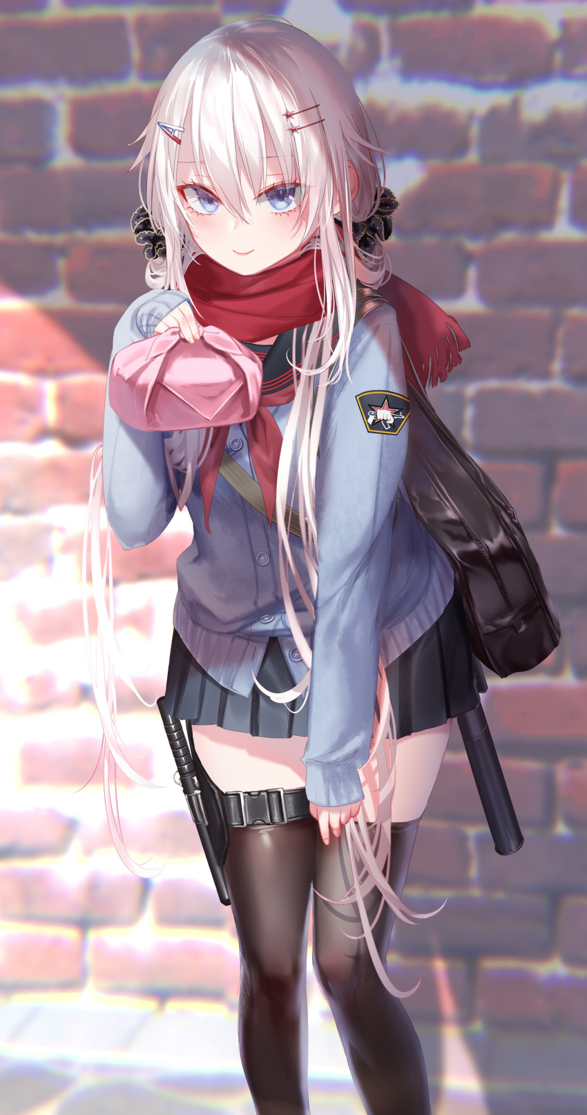 1girl 9a-91_(girls_frontline) absurdres animal_ears bag bangs black_legwear black_skirt blue_eyes blush brick_wall buttons cardigan eyelashes girls_frontline hair_between_eyes hair_ornament hairclip highres holding long_hair long_sleeves obentou pleated_skirt pottsness red_scarf sailor_collar scarf school_uniform serafuku silver_hair skirt smile solo thigh-highs