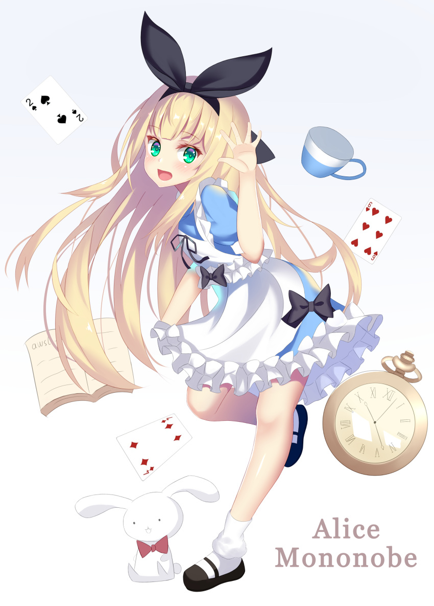 1girl absurdres alice_in_wonderland apron arm_up black_footwear blonde_hair blue_dress book card character_name cup dress full_body green_eyes grey_background highres long_hair mary_janes mononobe_alice nijisanji open_mouth playing_card pocket_watch ribbon shoes simple_background smile socks solo standing standing_on_one_leg stuffed_animal stuffed_toy teacup the_des_alizes virtual_youtuber watch waving white_apron white_footwear