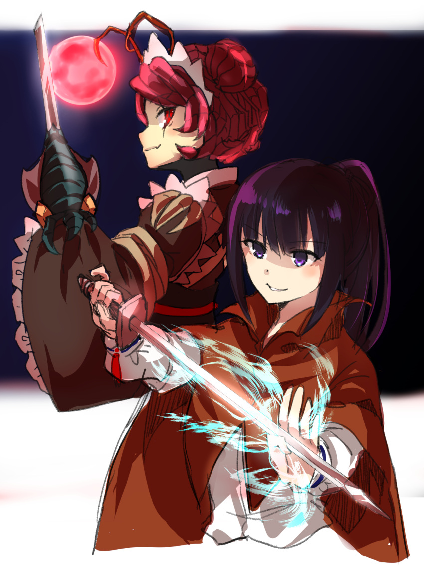 2girls antennae bangs black_hair blunt_bangs bow bowtie brown_cape cape collarbone entoma_vasilissa_zeta eyebrows_visible_through_hair frills hand_up hands_up highres holding holding_sword holding_weapon insect_girl japanese_clothes long_hair long_sleeves maid maid_headdress monster_girl moon multiple_girls narberal_gamma ofuda_on_clothes open_mouth overlord_(maruyama) ponytail smile sword user_dznz5583 weapon wide_sleeves