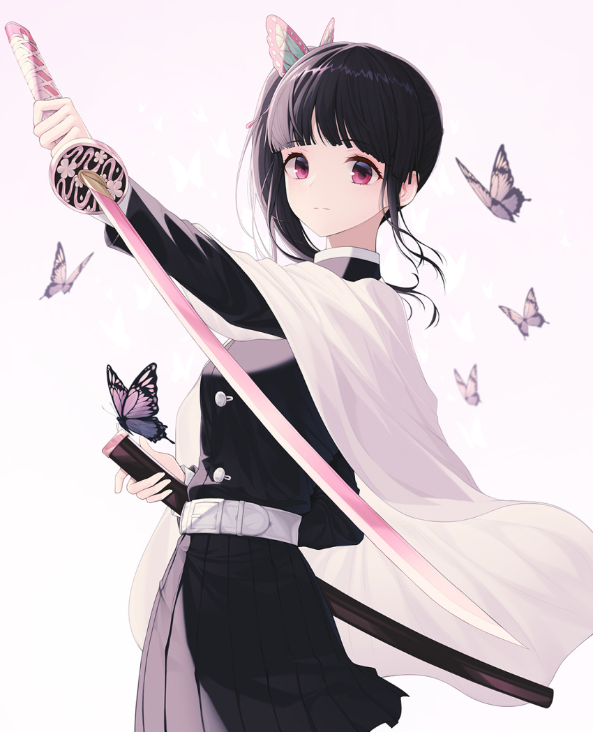 1girl black_hair bug butterfly butterfly_hair_ornament buttons cowboy_shot esj4f expressionless hair_ornament highres insect kimetsu_no_yaiba looking_at_viewer pink_eyes planted pleated_skirt sheath side_ponytail skirt solo sword tsuyuri_kanao uniform unsheathed weapon white_background