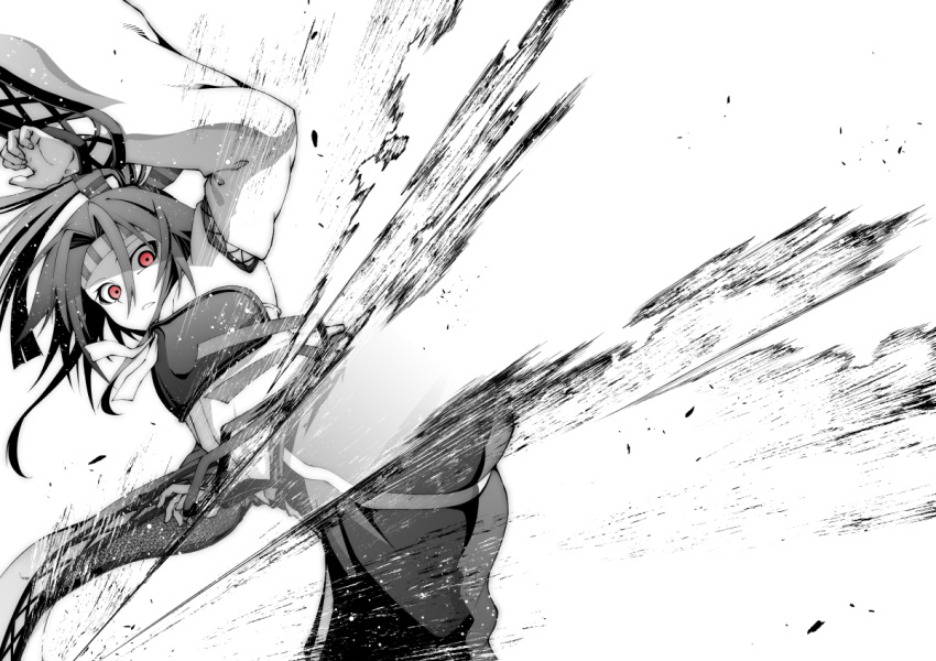 1girl akaneharu_ohkami commentary_request greyscale hachimaki hakama hakama_pants headband high_ponytail japanese_clothes kantai_collection kicking long_hair long_sleeves monochrome muneate pants ponytail red_eyes solo spot_color wide_sleeves zuihou_(kantai_collection)