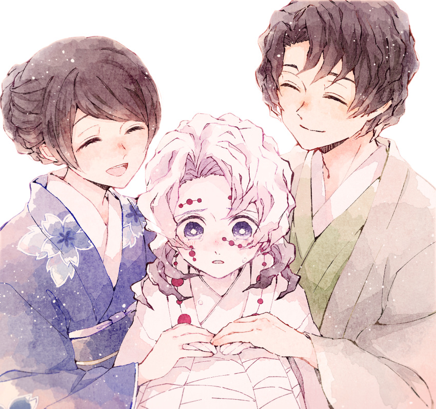 1girl 2boys ^_^ black_hair blush closed_eyes closed_mouth comforting commentary_request extra facial_mark family floral_print hand_on_another's_hand haori happy highres japanese_clothes kimetsu_no_yaiba kimono knees_up koame_1027 long_sleeves medium_hair multiple_boys obi parted_lips rui_(kimetsu_no_yaiba) sash simple_background smile tears tied_hair uniform upper_body violet_eyes white_background white_hair
