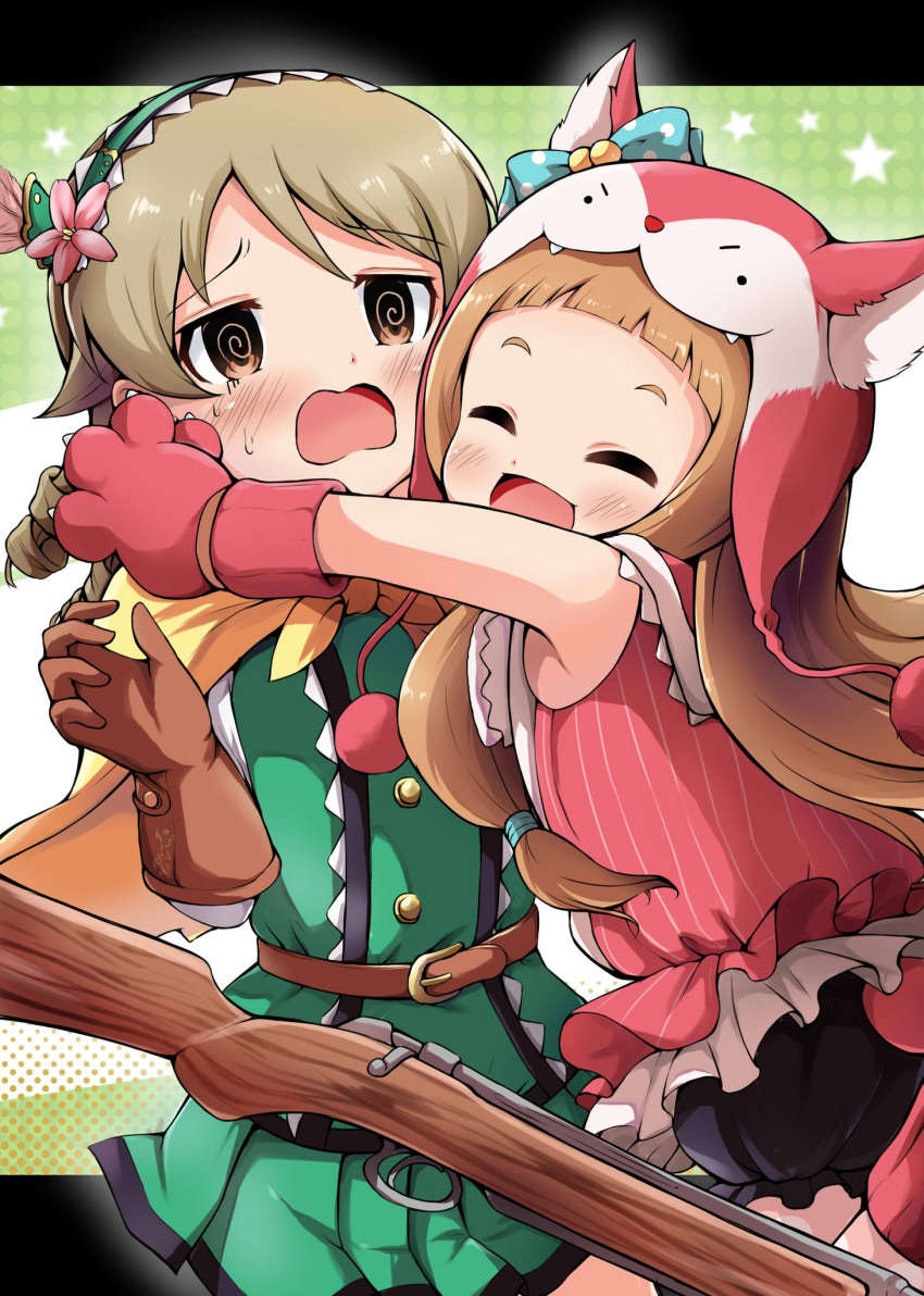 2girls @_@ animal_costume animal_ears animal_hands bare_shoulders belt black_bloomers blue_bow blue_ribbon blunt_bangs blush bow brown_belt brown_eyes brown_gloves brown_hair capelet closed_eyes dot_nose dress drill_hair fake_animal_ears feather_hair_ornament feathers flat_chest flower gloves green_background green_dress green_hairband gun hair_bow hair_flower hair_ornament hairband halftone halftone_background hands_up highres hug ichihara_nina idolmaster idolmaster_cinderella_girls idolmaster_cinderella_girls_starlight_stage leg_up letterboxed light_brown_hair long_hair long_sleeves looking_at_another morikubo_nono multiple_girls ogre_(ogremuit) open_mouth paw_gloves pink_flower pink_shirt pleated_skirt polka_dot polka_dot_ribbon red_footwear ribbon rifle ringlets shirt skirt sleeveless sleeveless_shirt smile starry_background striped striped_shirt sweatdrop very_long_hair wavy_mouth weapon wolf_hood yellow_capelet