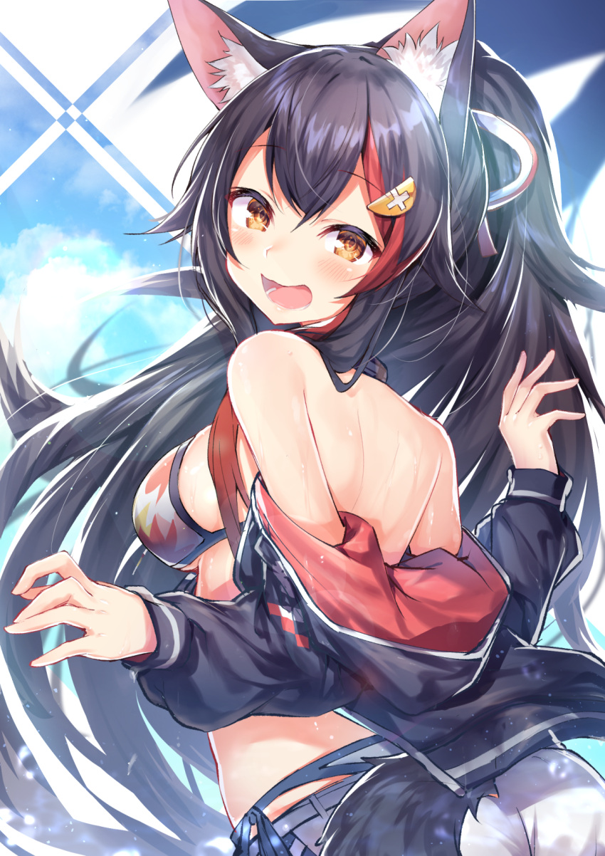 1girl :d animal_ear_fluff animal_ears bare_shoulders bikini bikini_under_clothes black_hair black_jacket blue_sky breasts clouds commentary_request day floating_hair hair_ornament head_tilt high_ponytail highres hololive hood hood_down hooded_jacket jacket long_hair long_sleeves looking_at_viewer looking_back medium_breasts multicolored_hair off_shoulder ookami_mio open_clothes open_jacket open_mouth orange_eyes outdoors ponytail print_bikini redhead shorts side-tie_bikini sky smile solo sunlight swimsuit tail topia two-tone_hair upper_body very_long_hair virtual_youtuber white_shorts wolf_ears wolf_girl wolf_tail
