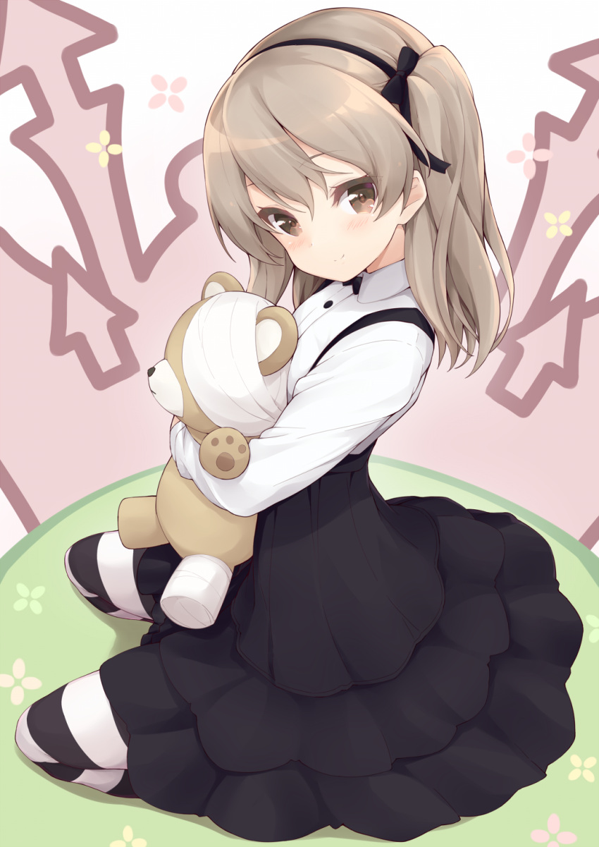 1girl bangs black_dress black_legwear brown_eyes brown_hair commentary_request dress from_side girls_und_panzer hair_ribbon highres holding jampen light_brown_hair long_hair looking_at_viewer object_hug one_side_up pantyhose ribbon shimada_arisu smile solo stuffed_animal stuffed_toy teddy_bear two-tone_legwear white_dress white_legwear