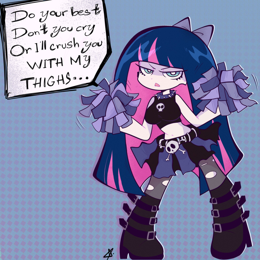 black_skirt blue_hair breasts collar highres large_breasts long_hair looking_at_viewer md5_mismatch panty_&amp;_stocking_with_garterbelt pom_poms simple_background skirt spiked_collar spikes stocking_(psg) tagme tank_top