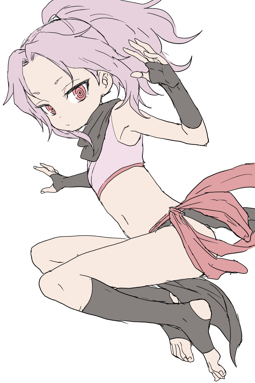 1girl absurdres armpits bangs bare_shoulders black_gloves black_legwear closed_mouth fingerless_gloves flat_chest from_side full_body gloves highres jumping kunoichi_tsubaki_no_mune_no_uchi looking_at_viewer looking_to_the_side navel official_art panties parted_bangs pink_hair ponytail red_eyes ringed_eyes sazanka_(kunoichi_tsubaki_no_mune_no_uchi) side-tie_panties simple_background solo stirrup_legwear toeless_legwear toeless_socks underwear white_background yamamoto_souichirou