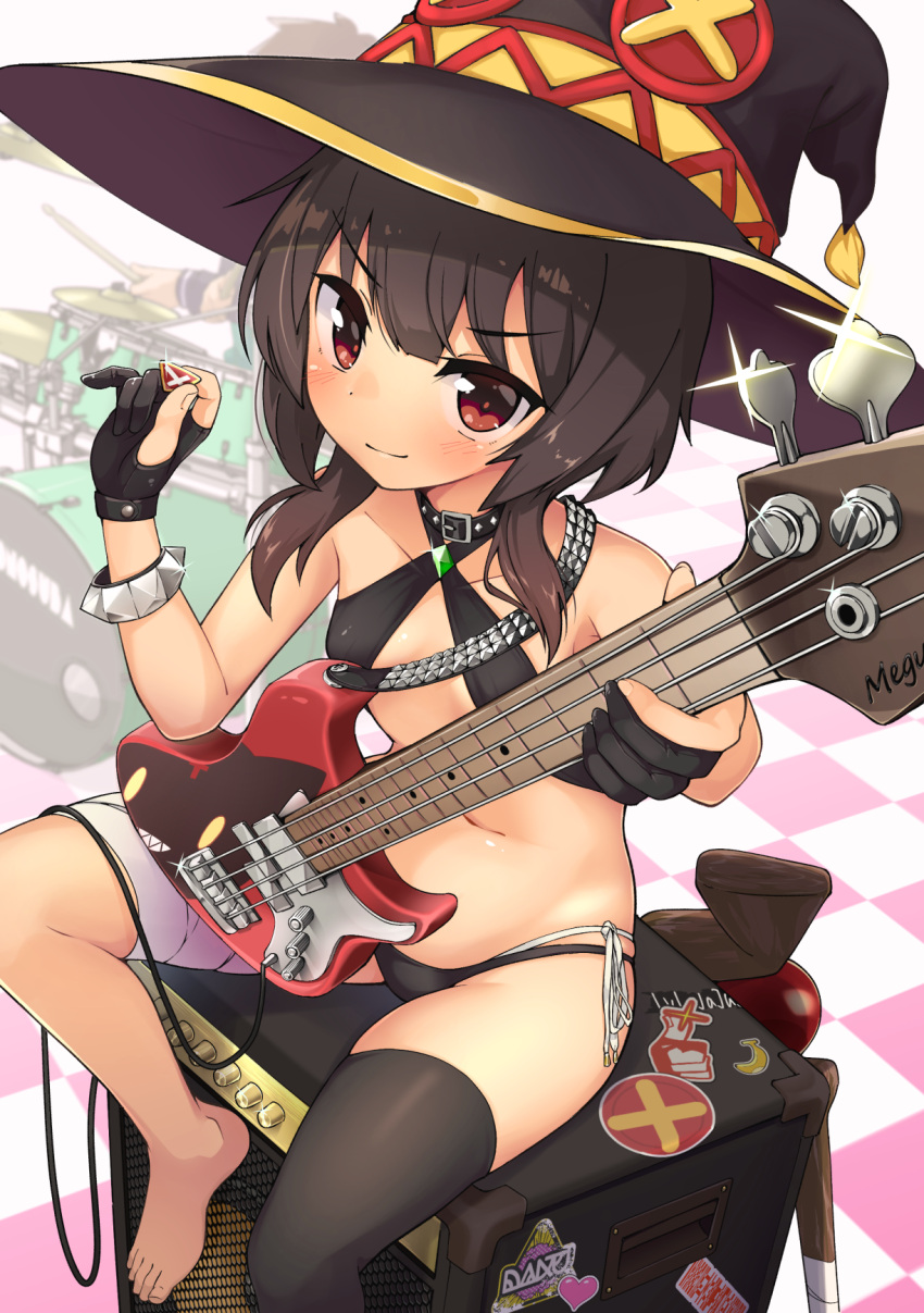 &gt;:) 1girl bandaged_leg bandages barefoot bikini black_bikini black_gloves black_headwear black_legwear blush bracelet buckle closed_mouth collar drum drum_set electric_guitar glint gloves guitar halterneck hat highres holding instrument jewelry jovejun kono_subarashii_sekai_ni_shukufuku_wo! looking_at_viewer megumin multi-strapped_bikini navel partly_fingerless_gloves plectrum red_eyes ribbon short_hair_with_long_locks side-tie_bikini sidelocks single_thighhigh sitting smile solo_focus staff swimsuit thigh-highs v-shaped_eyebrows white_ribbon witch_hat