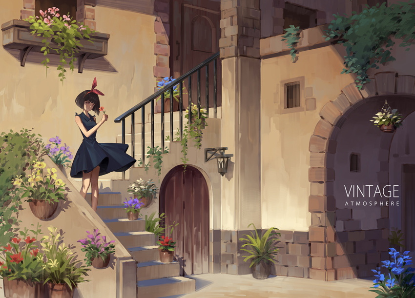 1girl bangs bare_shoulders black_dress blue_flower blunt_bangs blush bow brown_eyes brown_hair closed_mouth door dress flower holding holding_flower kiki majo_no_takkyuubin orange_flower outdoors pink_flower plant potted_plant purple_flower railing red_bow red_flower short_hair smile solo standing studio_ghibli white_flower yusheng