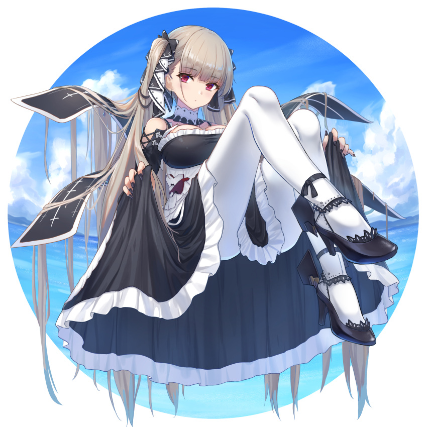1girl azur_lane bangs black_bow black_dress black_footwear black_nails blue_sky bow breasts brown_hair clouds commentary_request day dress dress_lift eyebrows_visible_through_hair fingernails flight_deck formidable_(azur_lane) frilled_dress frills full_body gohei_(aoi_yuugure) hair_bow high_heels highres knees_up large_breasts lifted_by_self long_hair nail_polish ocean pantyhose red_eyes rudder_footwear shoes sidelocks sky solo twintails very_long_hair water white_legwear
