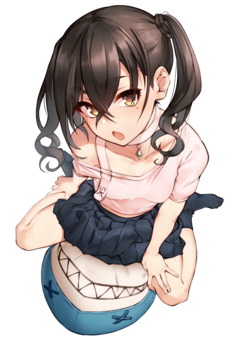 1girl :o black_hair black_legwear blouse blush brown_eyes choker collarbone commentary eyebrows_visible_through_hair from_above full_body hair_between_eyes hand_on_own_thigh highres idolmaster idolmaster_cinderella_girls idolmaster_cinderella_girls_starlight_stage kakaobataa long_hair looking_at_viewer mole mole_under_eye no_shoes off_shoulder open_mouth pleated_skirt shark short_sleeves simple_background single_bare_shoulder single_strap sitting skirt socks solo straddling stuffed_animal stuffed_shark stuffed_toy sunazuka_akira twintails wariza white_background