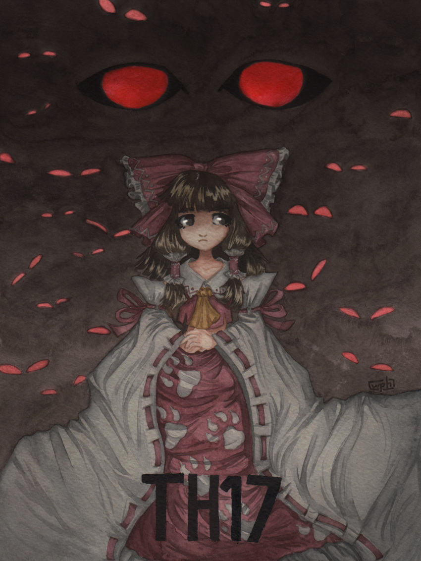 1girl absurdly_long_sleeves ascot bow brown_eyes brown_hair dark_background darkness eyes_in_shadow frilled_bow frills frown hakurei_reimu hands_together highres long_hair long_skirt looking_behind patterned_clothing red_bow red_eyes ribbon-trimmed_sleeves ribbon_trim solo standing touhou traditional_art wide_sleeves yellow_neckwear yuurenkyouko