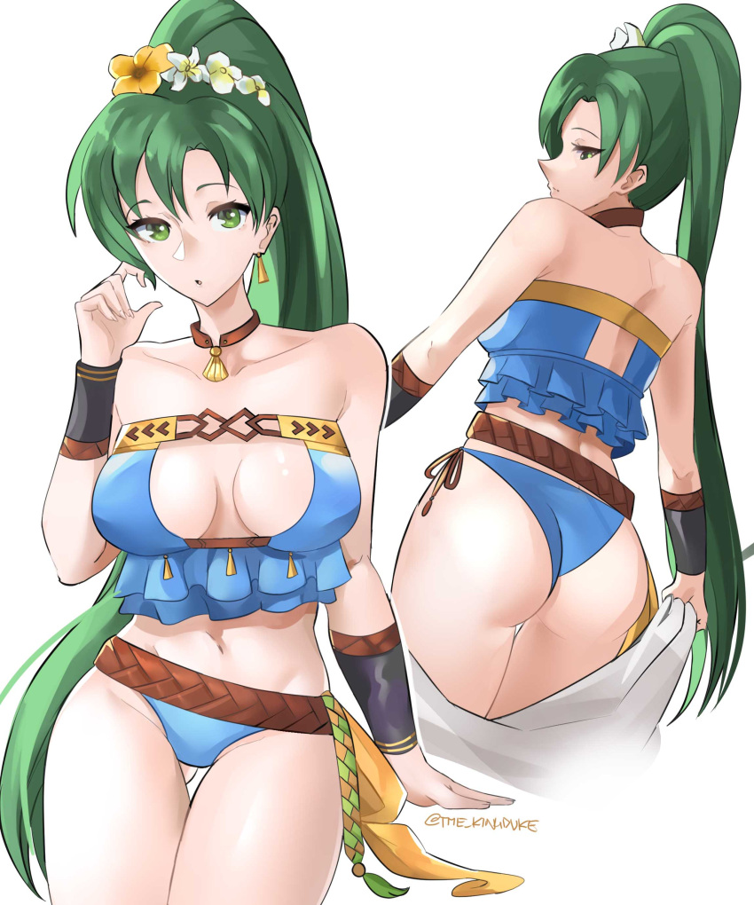 1girl absurdres ass ass_visible_through_thighs bare_shoulders breasts breasts_apart cute fire_emblem fire_emblem:_rekka_no_ken fire_emblem:_the_blazing_blade fire_emblem_blazing_sword fire_emblem_heroes flower green_eyes green_hair hair_flower hair_ornament high_ponytail highres intelligent_systems long_ponytail lyn_(fire_emblem) lyndis_(fire_emblem) nintendo solo the_kingduke thigh_gap twitter_username wrist_guards