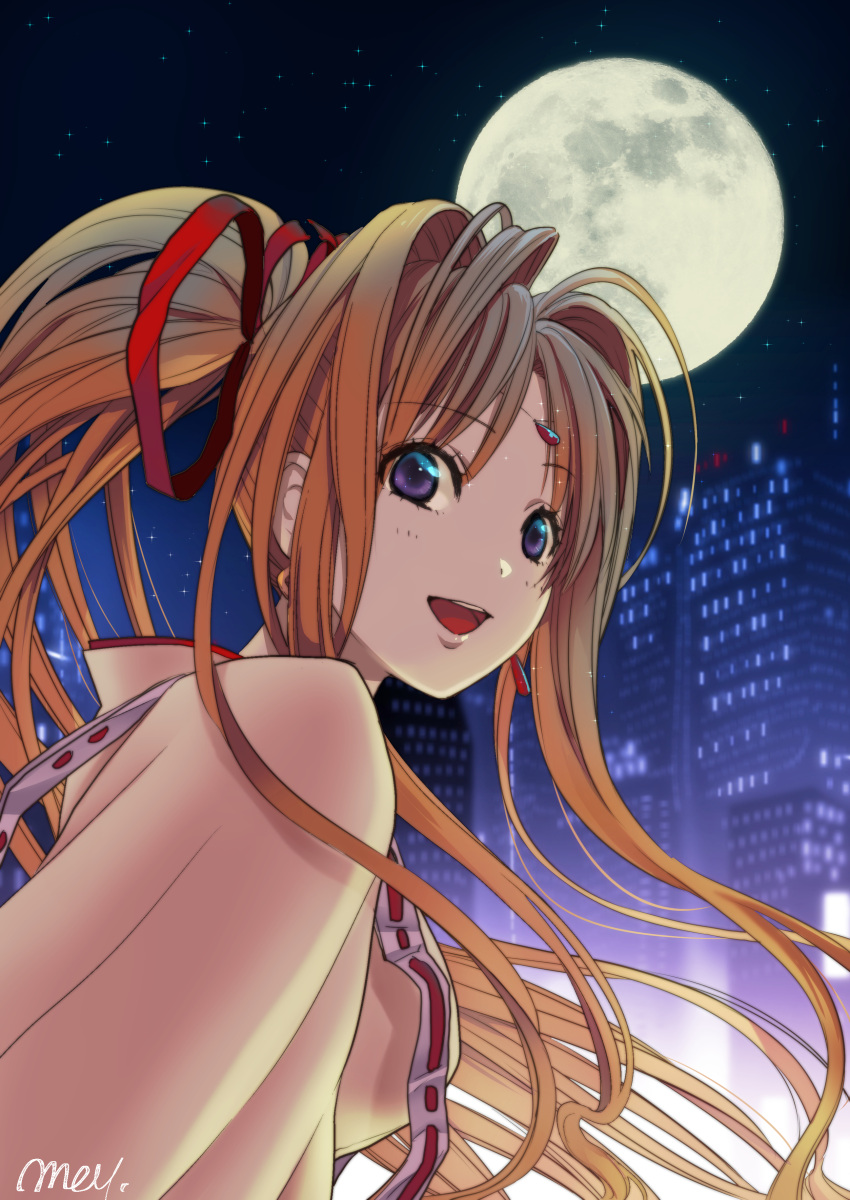1girl absurdres blonde_hair building earrings face forehead_jewel full_moon hair_ribbon highres jewelry kaitou_jeanne kamikaze_kaitou_jeanne kusakabe_maron lips long_hair looking_at_viewer moon night open_mouth ponytail portrait red_ribbon ribbon sidelocks skyscraper solo teeth tsukino_meito violet_eyes