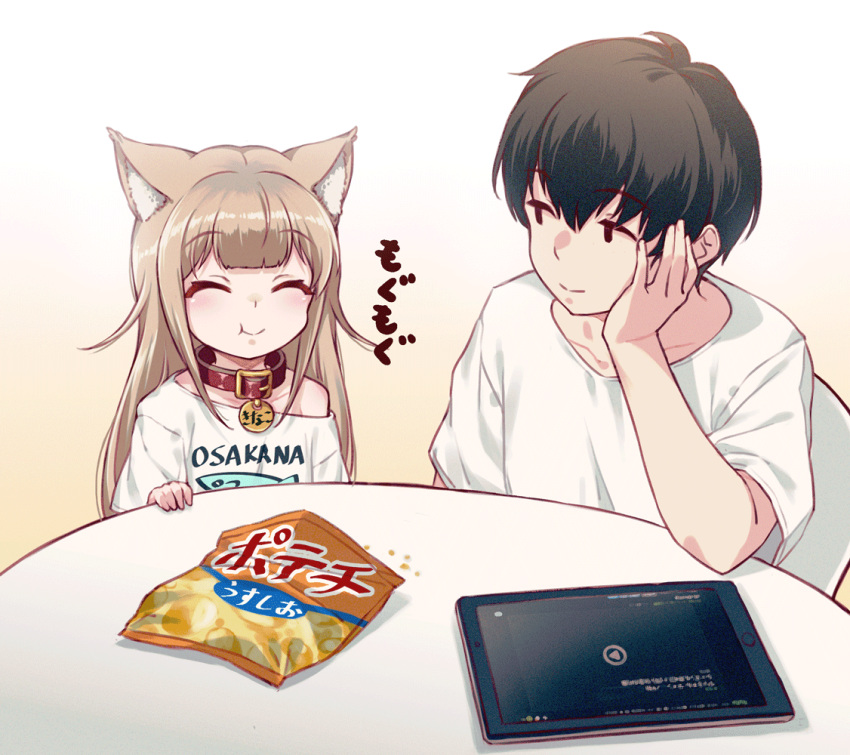 1boy 1girl 40hara animal_ear_fluff animal_ears bangs black_hair blonde_hair cat_ears cat_girl chewing chips closed_eyes closed_mouth clothes_writing collar eating eyebrows_visible_through_hair food hand_on_own_cheek kinako_(40hara) long_hair original pet_collar red_collar shirt short_sleeves t-shirt white_shirt