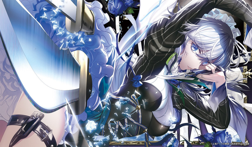 1girl arms_up bangs black_dress blue_eyes blue_flower blue_rose breasts commentary_request corset cowboy_shot dress eyebrows_visible_through_hair flower green_neckwear green_ribbon hair_between_eyes highres holding holding_knife holding_weapon holster izayoi_sakuya juliet_sleeves knife koumajou_densetsu long_sleeves maid maid_headdress medium_breasts neck_ribbon outside_border parted_lips petticoat puffy_sleeves ribbon rose short_hair silver_hair solo thigh_holster thighs touhou tsukimoto_aoi weapon