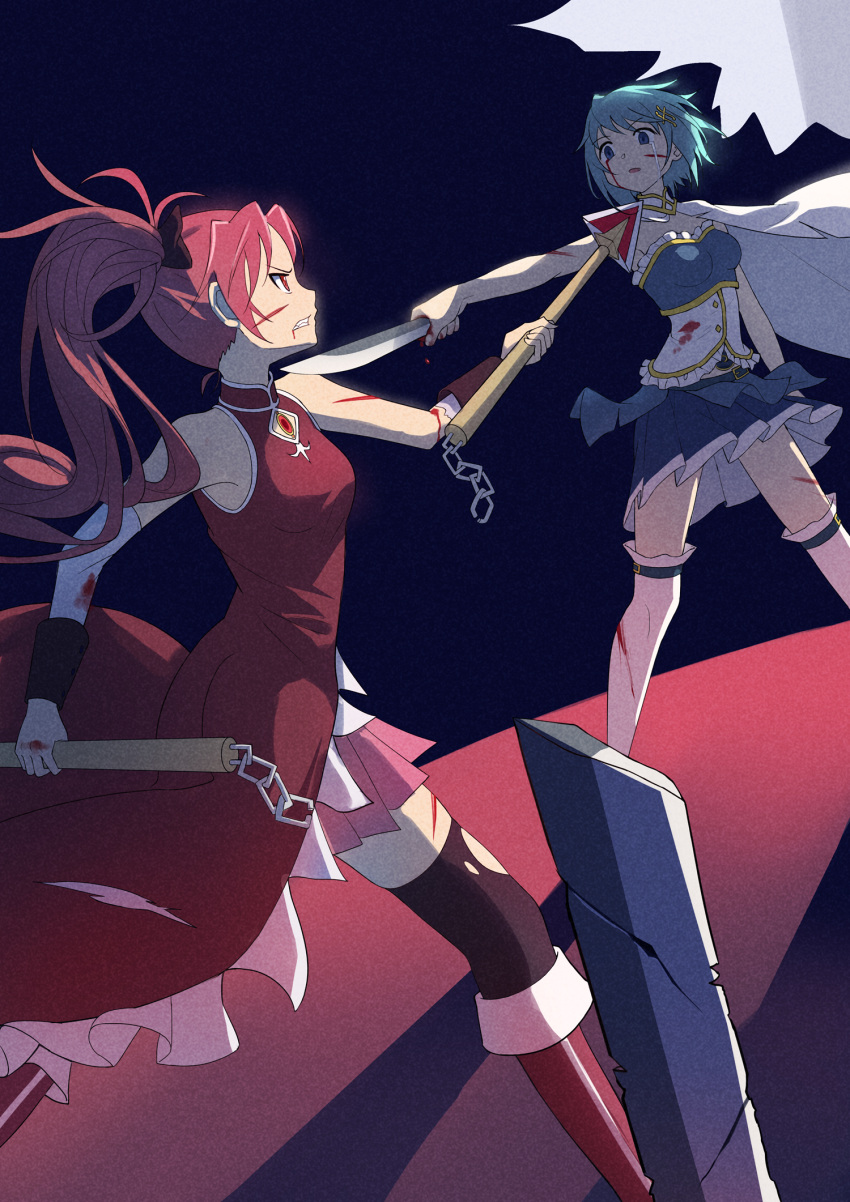 2girls bare_shoulders black_bow black_legwear blood blue_eyes blue_hair blue_skirt boots bow breasts cape chain clenched_teeth commentary crying crying_with_eyes_open cuts detached_sleeves dress du_mogu dual_wielding frills hair_bow hair_ornament highres holding holding_knife holding_spear holding_weapon injury knife long_hair looking_at_another mahou_shoujo_madoka_magica medium_breasts miki_sayaka miniskirt multiple_girls open_mouth pink_skirt pleated_skirt polearm ponytail profile red_dress red_eyes red_footwear redhead sakura_kyouko short_hair skirt soul_gem spear strapless tears teeth thigh-highs tubetop weapon white_cape white_legwear zettai_ryouiki