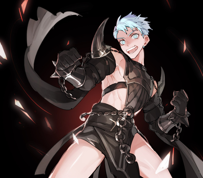 1boy abs alternate_costume black_background blue_eyes blue_hair caspar_von_bergliez chain fire_emblem fire_emblem:_three_houses gloves gslnsk_3230 highres open_mouth solo teeth