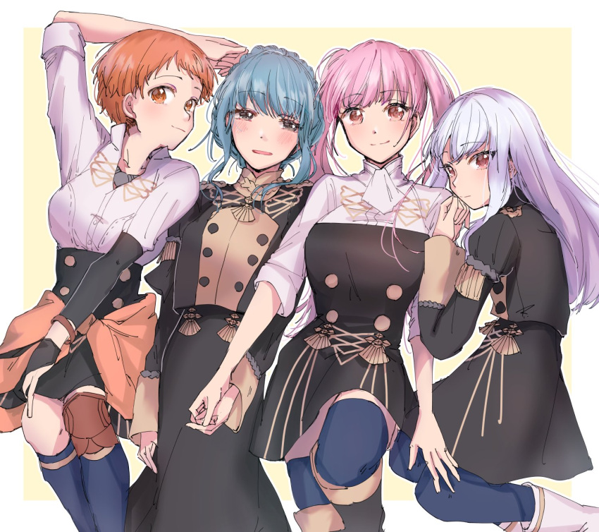 4girls blue_hair blue_legwear braid closed_mouth crown_braid fire_emblem fire_emblem:_three_houses from_side garreg_mach_monastery_uniform highres hilda_valentine_goneril holding_hands leonie_pinelli long_hair long_sleeves looking_to_the_side lysithea_von_ordelia marianne_von_edmund multiple_girls orange_eyes orange_hair parted_lips pink_eyes pink_hair short_hair short_sleeves simple_background thigh-highs twintails ufufup uniform white_hair