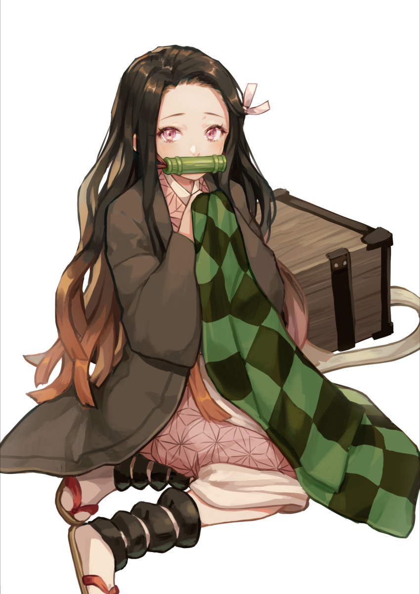 1girl bamboo bangs bit_gag black_hair black_legwear brown_footwear brown_hair checkered commentary_request forehead full_body gag hair_ribbon highres holding japanese_clothes kamado_nezuko kimetsu_no_yaiba kimono long_sleeves looking_at_viewer mouth_hold multicolored_hair open_clothes parted_bangs pink_eyes pink_kimono pink_ribbon ribbon saino simple_background sitting solo two-tone_hair white_background yokozuwari zouri