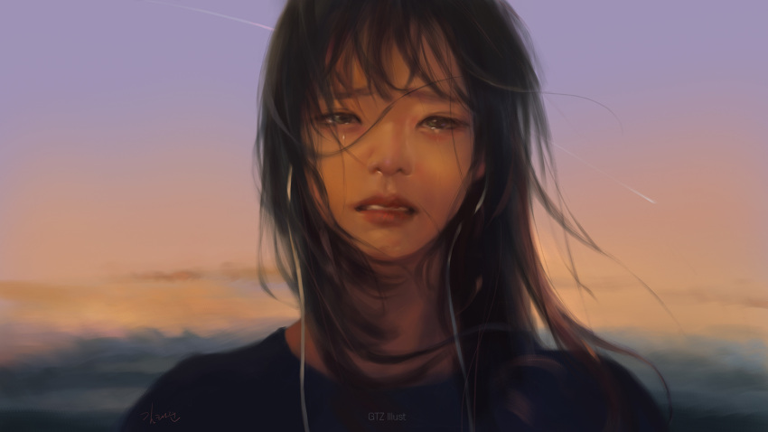 1girl black_hair brown_eyes close-up crying crying_with_eyes_open face g-tz highres lips long_hair looking_at_viewer original outdoors parted_lips shooting_star solo sunset tears wind