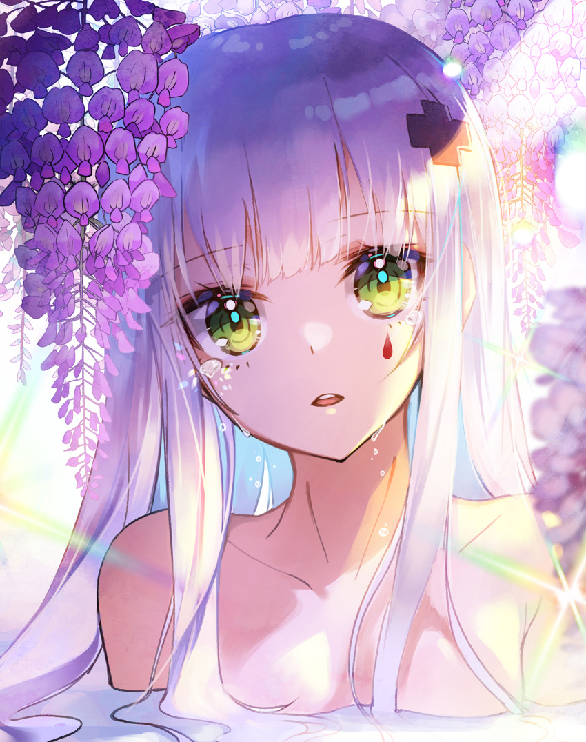 1girl apple_caramel backlighting bangs blush breasts collarbone eyebrows_visible_through_hair facial_mark flower girls_frontline green_eyes hair_ornament head_tilt highres hk416_(girls_frontline) long_hair looking_at_viewer parted_lips partially_submerged purple_flower silver_hair small_breasts solo upper_body upper_teeth water wet wisteria