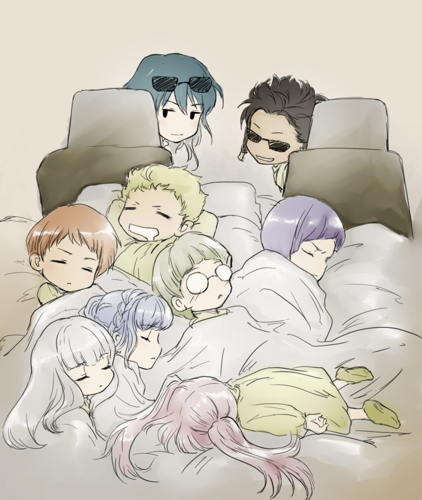 black_hair blanket blonde_hair blue_hair byleth_(fire_emblem) byleth_eisner_(female) car_interior claude_von_riegan dark_skin dark_skinned_male drooling fire_emblem fire_emblem:_three_houses glasses green_hair highres hilda_valentine_goneril ignatz_victor leonie_pinelli lorenz_hellman_gloucester lysithea_von_ordelia marianne_von_edmund orange_hair pink_hair purple_hair raphael_kirsten sleeping sunglasses twintails white_hair younger yuuta_(ruin0811)