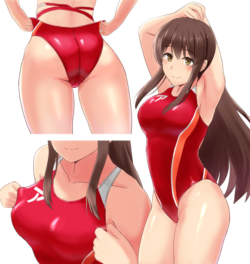 1girl adjusting_clothes adjusting_swimsuit akagi_(kantai_collection) armpits arms_behind_head ass breasts brown_eyes brown_hair closed_mouth commentary_request competition_swimsuit crotch_seam eyebrows_visible_through_hair highres kantai_collection looking_at_viewer mayomaru1 medium_breasts multiple_views one-piece_swimsuit partial_commentary red_swimsuit simple_background smile standing stretch swimsuit thighs white_background