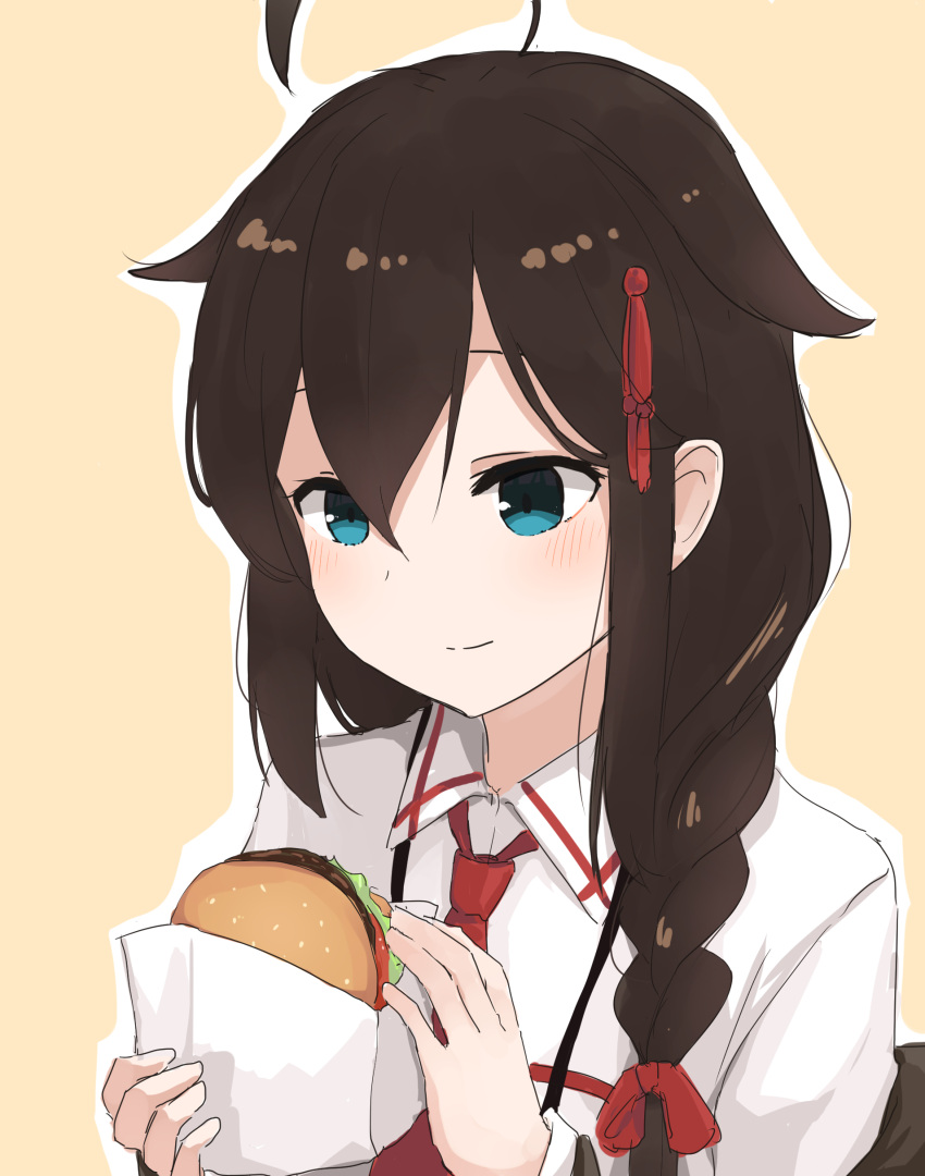 1girl absurdres ahoge bangs blue_eyes blush braid brown_hair closed_mouth collared_shirt food hair_between_eyes hair_flaps hair_ornament hair_over_shoulder hamburger highres holding holding_food kantai_collection long_hair looking_down necktie outline red_neckwear red_ribbon remodel_(kantai_collection) ribbon shigure_(kantai_collection) shirt simple_background single_braid smile solo spica1476 upper_body white_shirt yellow_background