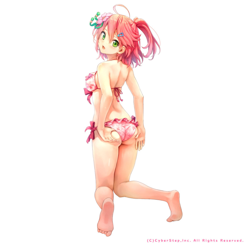 1girl absurdres ahoge alternate_costume ass bangs bare_back bare_shoulders bikini breasts cherry_blossom_print cherry_blossoms collaboration copyright dawn_of_the_breakers feet flower frilled_bikini frilled_bikini_bottom frills from_behind green_eyes hair_between_eyes hair_flower hair_ornament hairclip highres hololive kneeling kneepits medium_breasts medium_hair morizo_cs official_alternate_costume official_art open_mouth pink_bikini pink_bikini_bottom pink_bikini_top pink_hair sakura_miko soles solo swimsuit thighs tied_hair toes virtual_youtuber white_background