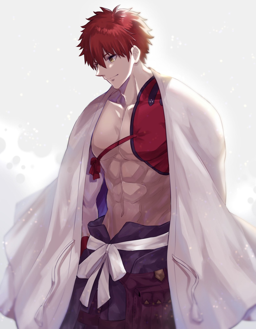 1boy abs bangs cape emiya_shirou fate/grand_order fate_(series) highres igote light looking_down male_focus muscular muscular_male okuno_naru_(exoprsa) pants redhead senji_muramasa_(fate) simple_background smile solo tassel upper_body white_background white_cape yellow_eyes