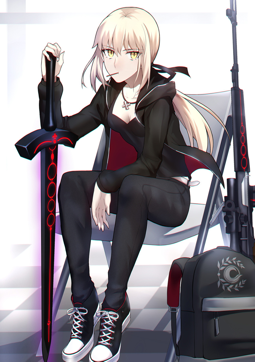 1girl artoria_pendragon_(all) backpack bag bangs black_camisole black_jacket black_pants black_ribbon blonde_hair breasts chair collarbone dark_excalibur fate/grand_order fate/stay_night fate_(series) gun highres jacket jewelry long_hair long_sleeves looking_at_viewer low_ponytail necklace open_clothes open_jacket pale_skin pants ribbon rifle saber_alter saber_alter_costume_ver._shinjuku_1999 shiguru shoes sitting slit_pupils small_breasts sneakers solo weapon white_background yellow_eyes