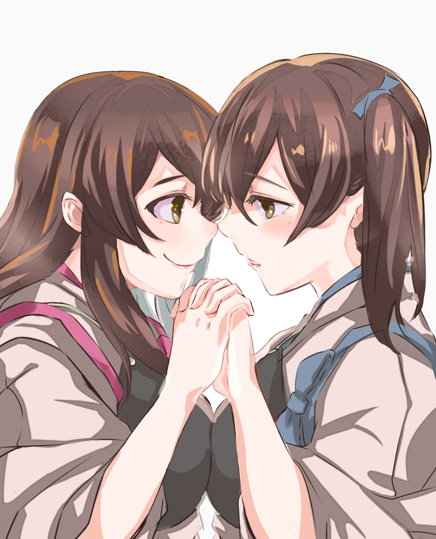 2girls absurdres akagi_(kantai_collection) bangs blue_ribbon blush breast_press breasts brown_eyes brown_hair closed_mouth eye_contact eyebrows_visible_through_hair hair_over_shoulder hair_ribbon half-closed_eyes highres holding_hands interlocked_fingers japanese_clothes kaga_(kantai_collection) kantai_collection kimono long_hair long_sleeves looking_at_another multiple_girls muneate noses_touching out_of_frame parted_lips red_ribbon ribbon same_height side_ponytail simple_background smile symmetrical_docking tasuki upper_body white_background white_kimono wide_sleeves
