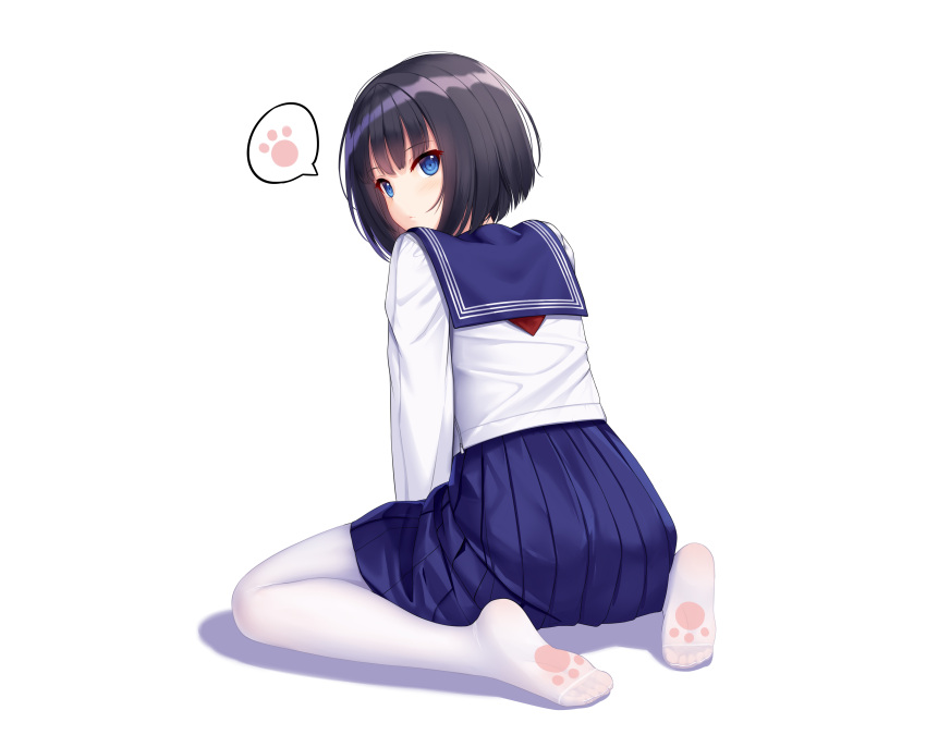 1girl absurdres allenes bangs black_hair blue_eyes blue_sailor_collar blue_skirt blush closed_mouth commentary copyright_request eyebrows_visible_through_hair full_body highres long_sleeves looking_at_viewer looking_back no_shoes pantyhose paw_print pleated_skirt sailor_collar school_uniform serafuku shadow shirt short_hair sitting skirt soles solo speech_bubble spoken_paw wariza white_background white_legwear white_shirt